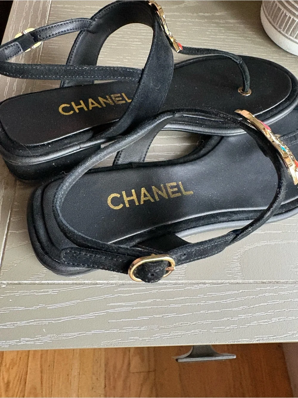 FASHION Black Suede Thong Sandals with Multicolor CC Emblems